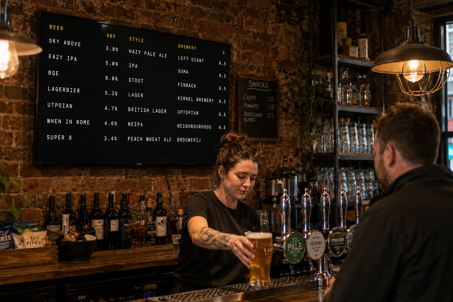 A digital drinks menu displayed above the bar in a busy taproom